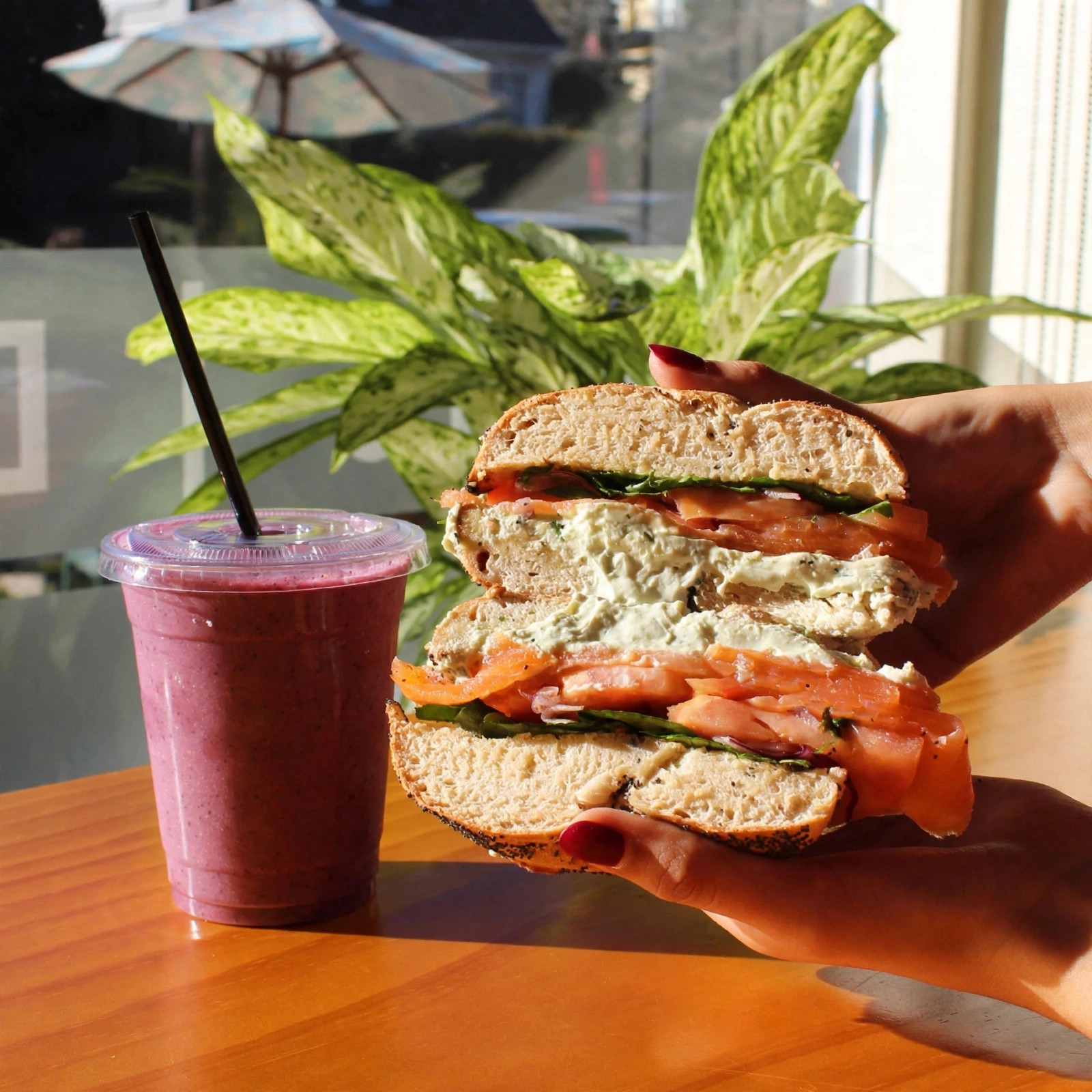 Lox bagel sandwich and Triple Berry smoothie at Eastside Bagel Providence RI